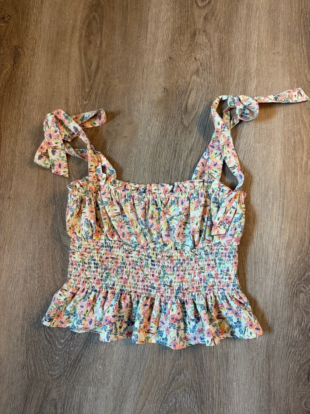 Forever 21- Floral Tie-Strap Smocked Crop Top - Multicolor-size m